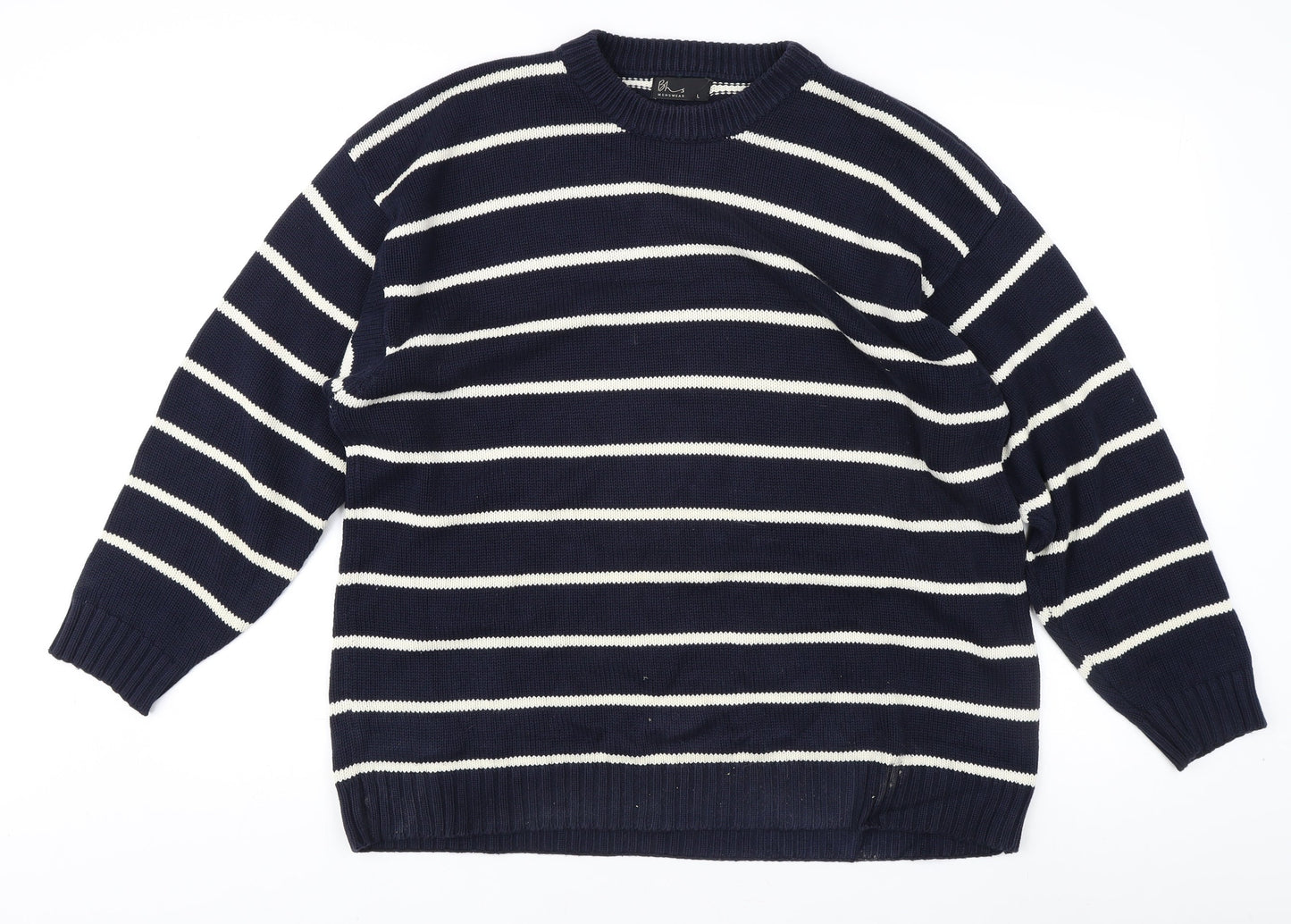BHS Men's Blue L Striped Cotton Pullover Jumper