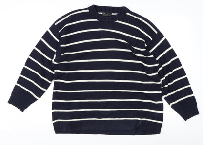 BHS Men's Blue L Striped Cotton Pullover Jumper