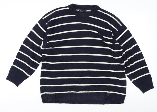 BHS Men's Blue L Striped Cotton Pullover Jumper