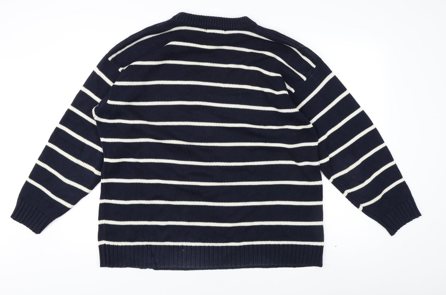 BHS Men's Blue L Striped Cotton Pullover Jumper