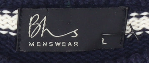 BHS Men's Blue L Striped Cotton Pullover Jumper