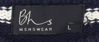 BHS Men's Blue L Striped Cotton Pullover Jumper