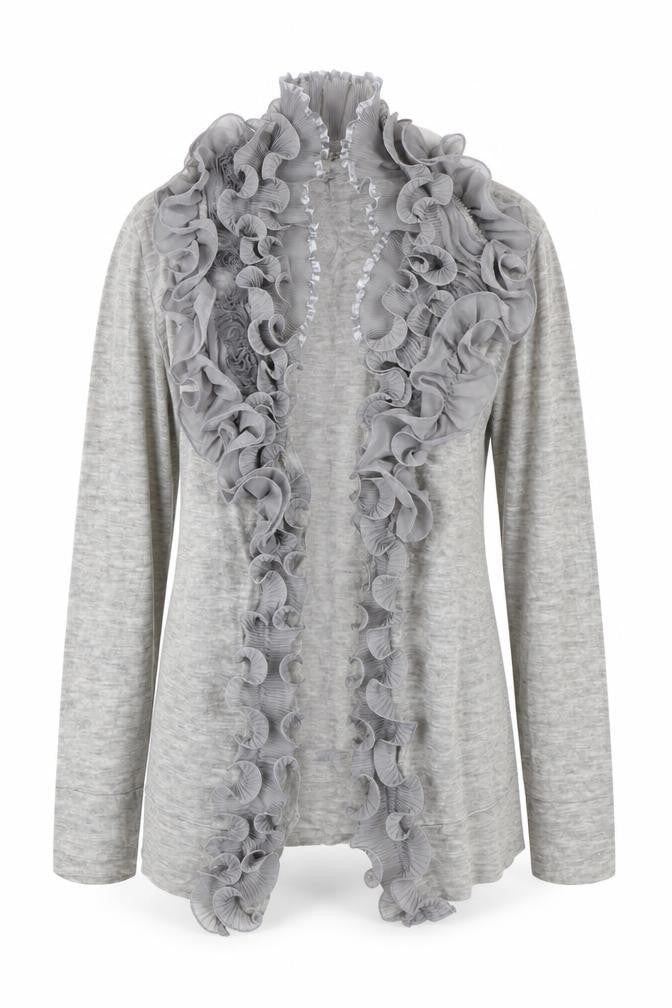 Front view of Modo Women's Grey Ruffle Knit Cardigan S