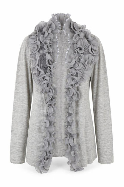 Front view of Modo Women's Grey Ruffle Knit Cardigan S