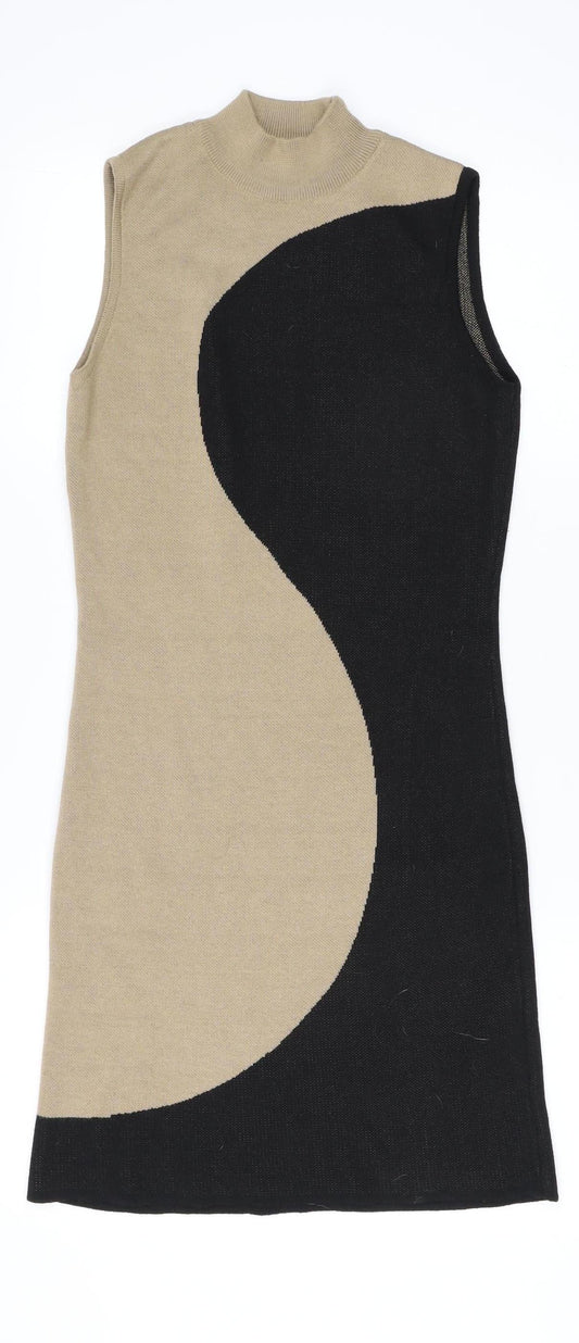 NA-KD Women's Beige & Black Sleeveless Knit Dress M