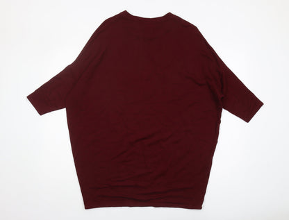 Pull&Bear Women's Red Crew Neck 3/4 Sleeve T-Shirt