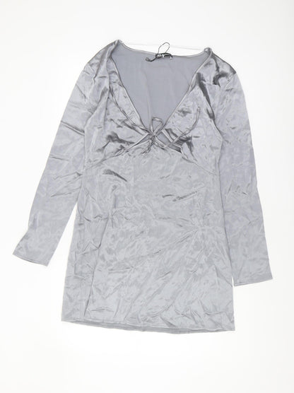 Zara Women's Grey Velvet V-Neck Long Sleeve Dress