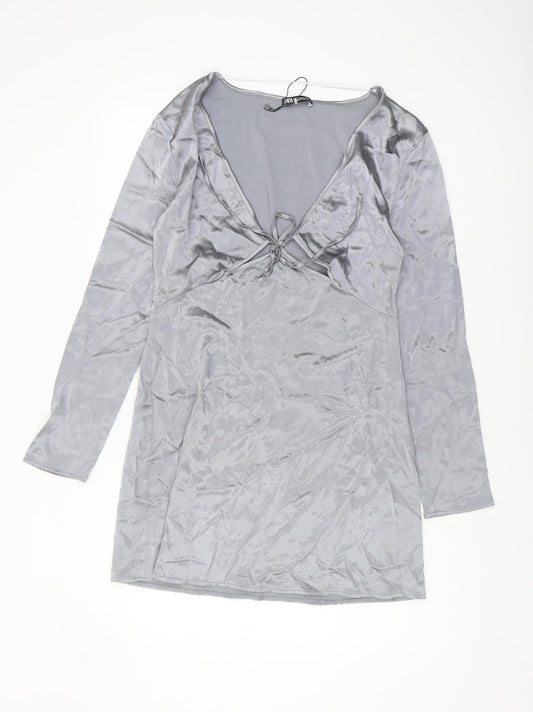 Zara Women's Grey Velvet V-Neck Long Sleeve Dress
