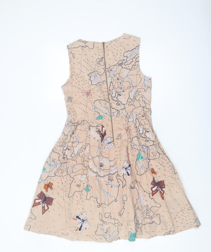 Yumi Women's Beige A-Line Dress, UK 8, Cotton, Nature Print
