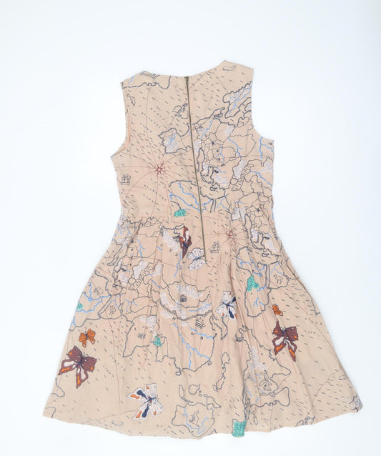 Yumi Women's Beige A-Line Dress, UK 8, Cotton, Nature Print