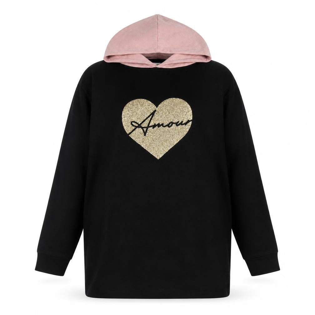 Front view of Threadgirls Teens Black Pullover Hoodie Glitter Heart
