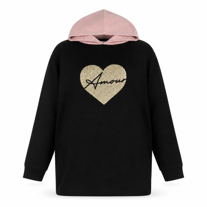 Front view of Threadgirls Teens Black Pullover Hoodie Glitter Heart