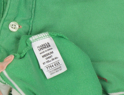Marks and Spencer Men's Green Striped Polo Shirt M