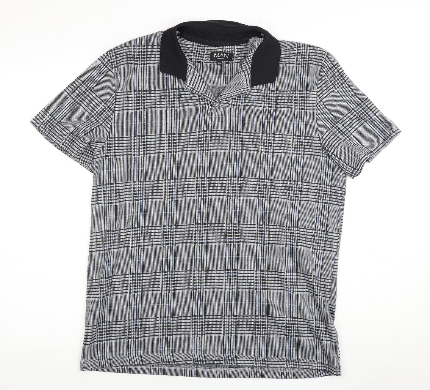 boohooMAN Men's XL Black Plaid Polo Shirt