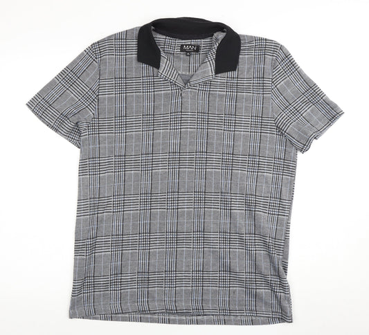 boohooMAN Men's XL Black Plaid Polo Shirt