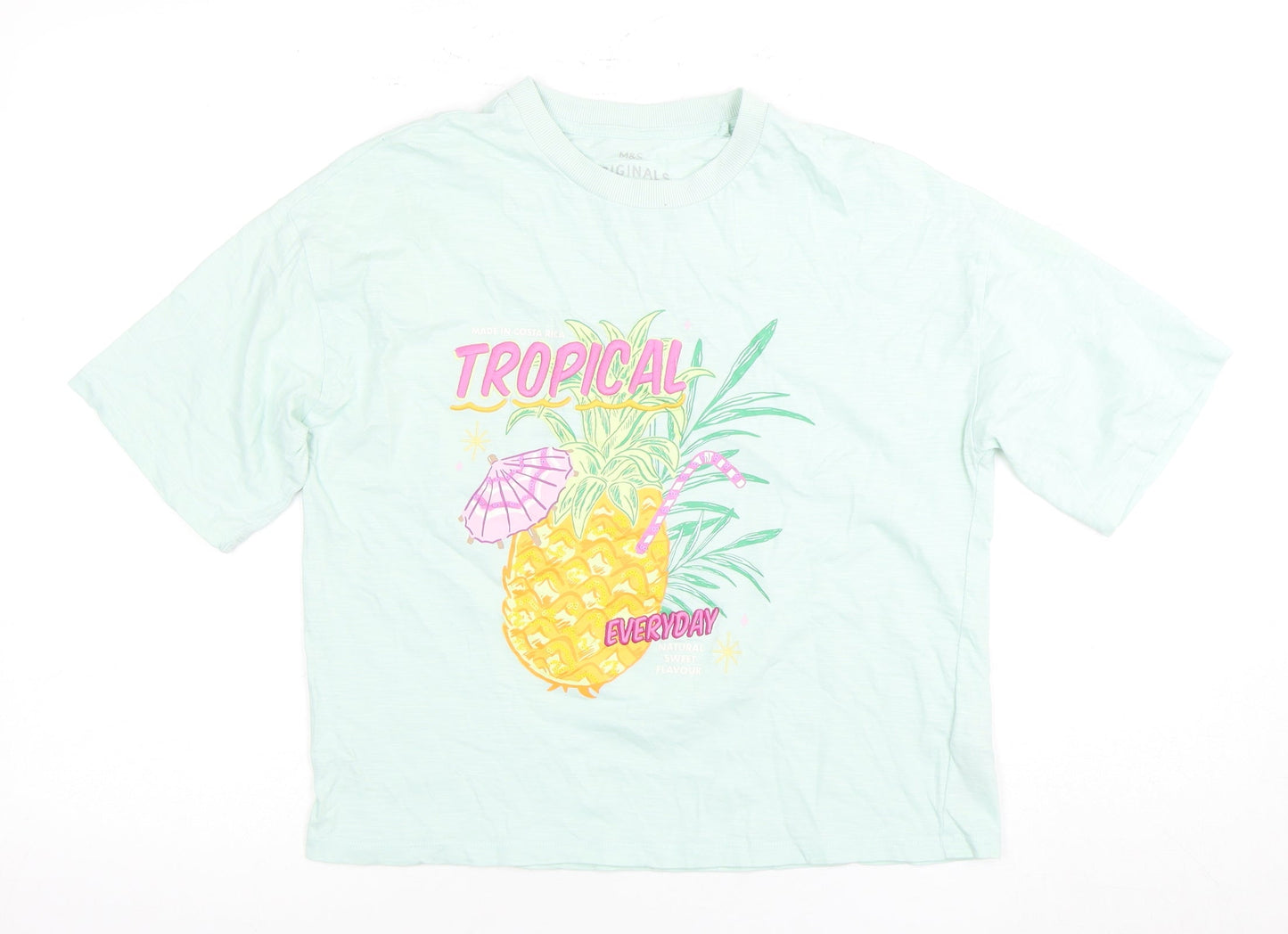 Marks and Spencer Girls Mint Green T-Shirt Size 3 Tropical Print