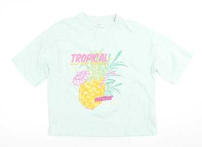 Marks and Spencer Girls Mint Green T-Shirt Size 3 Tropical Print