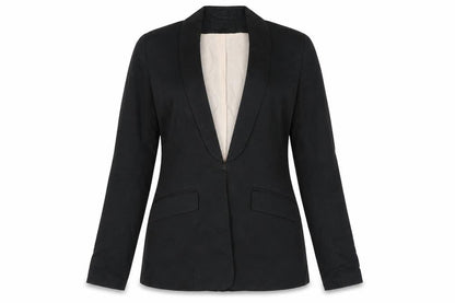 Front view of H & M Women's Black Blazer Shawl Lapel, size 8, Classic Fit