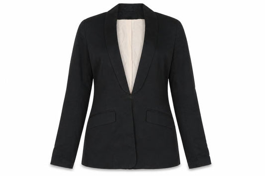 Front view of H & M Women's Black Blazer Shawl Lapel, size 8, Classic Fit