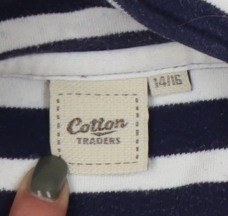 Cotton Traders Women's Navy Striped Henley Sweatshirt M
