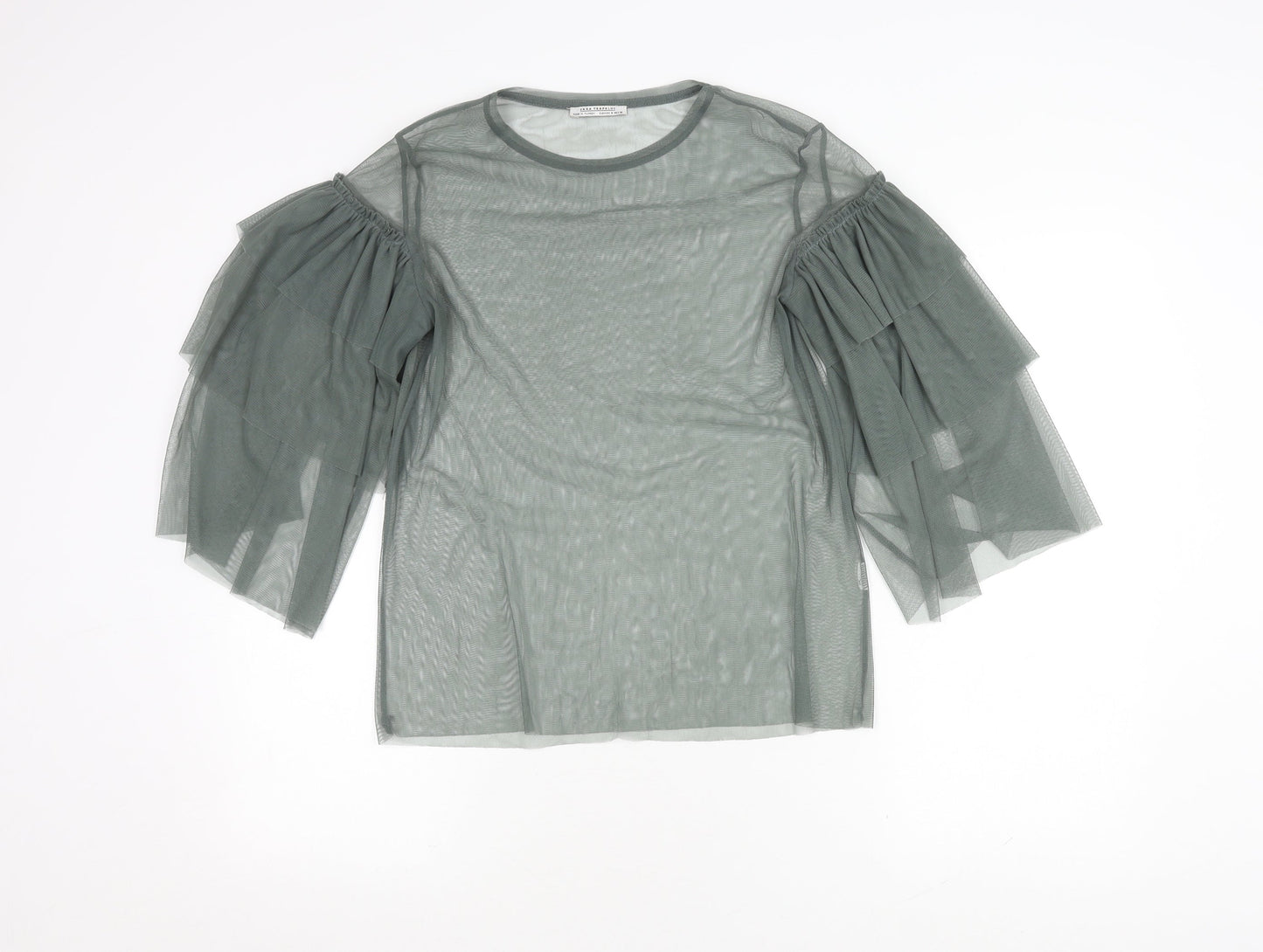 Zara Trafaluc Women's Green Mesh Top with Flared Sleeves S