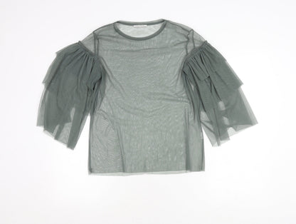Zara Trafaluc Women's Green Mesh Top with Flared Sleeves S