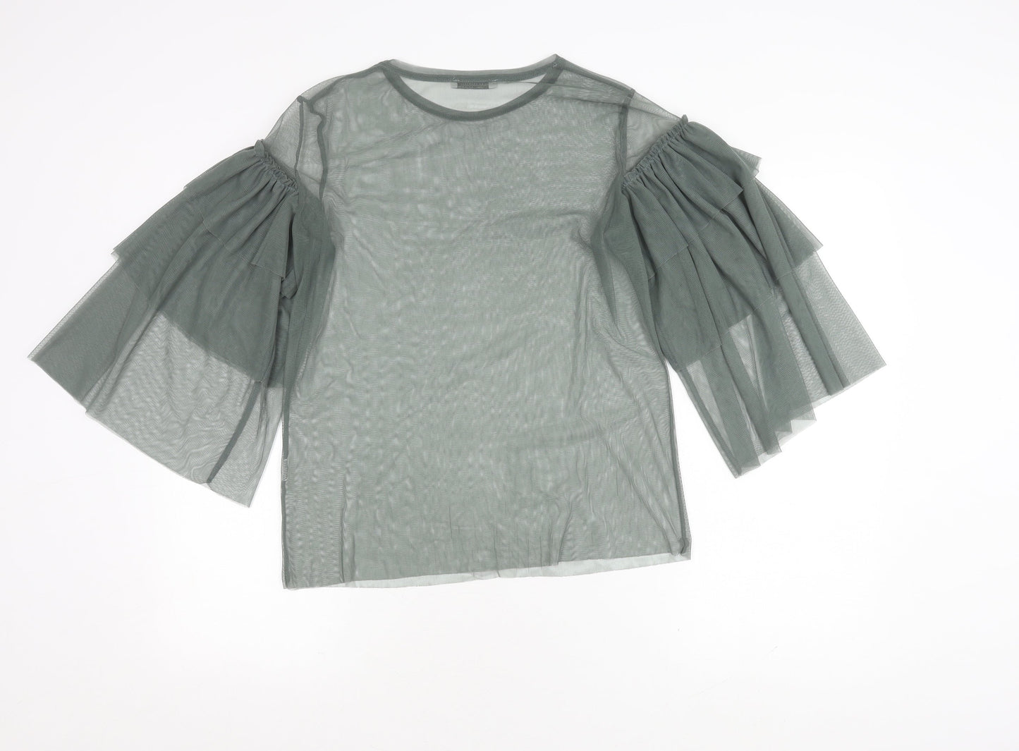 Zara Trafaluc Women's Green Mesh Top with Flared Sleeves S