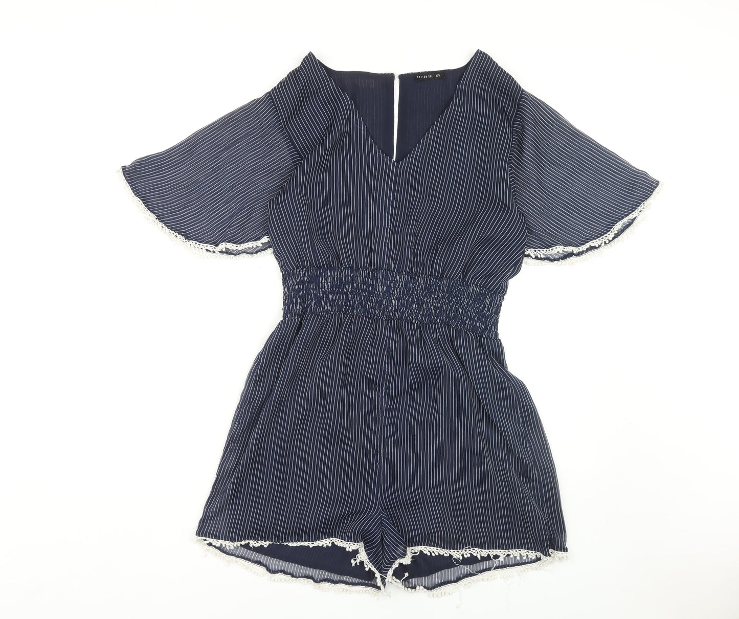 Cotton On Women's Blue Striped Romper M Flutter Sleeve