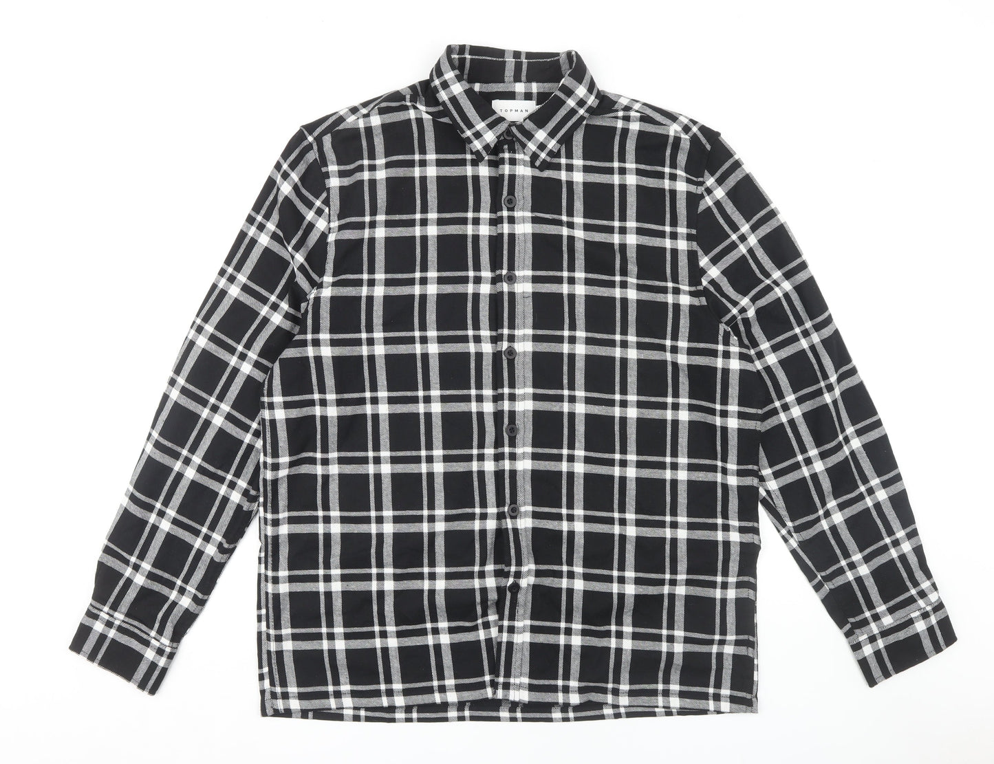 Topman Men's Black Plaid Button-Up Shirt, Size L