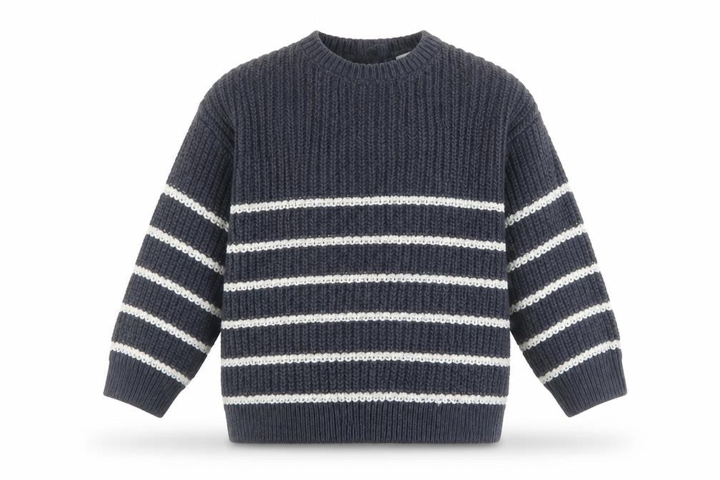 Front view of H&M unisex striped jumper, grey/white, 6-9 months
