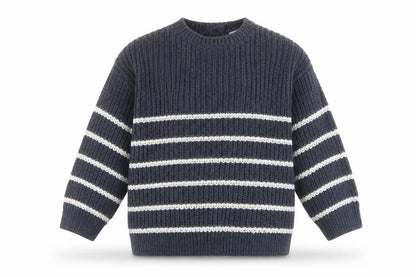 Front view of H&M unisex striped jumper, grey/white, 6-9 months
