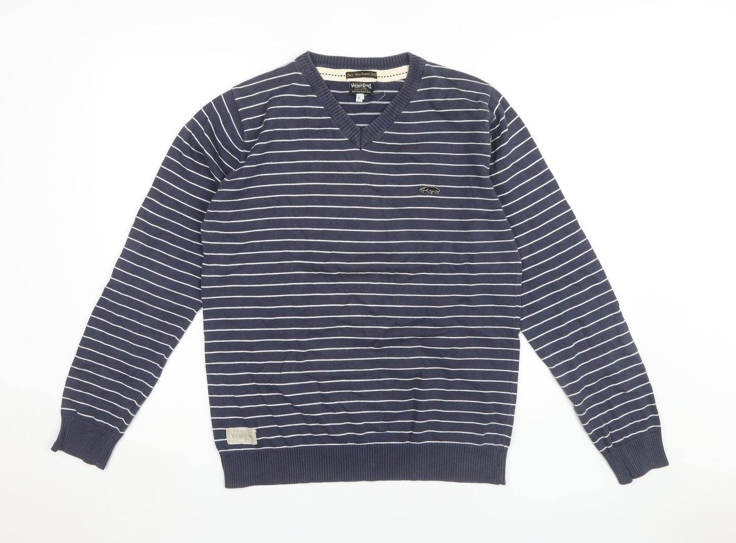 Jack & Jones Men's Blue Striped V-Neck Pullover, L