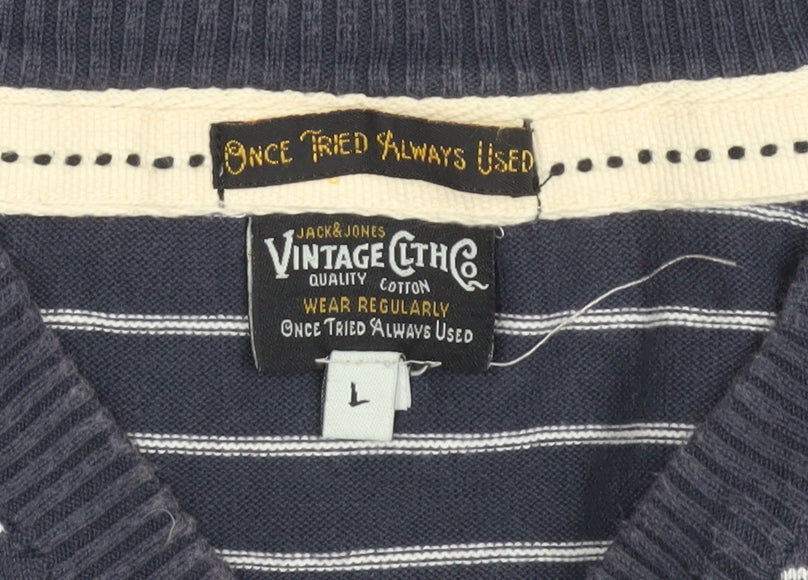 Jack & Jones Men's Blue Striped V-Neck Pullover, L