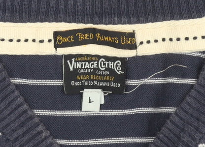 Jack & Jones Men's Blue Striped V-Neck Pullover, L