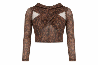 Bershka Women's Brown Cropped Mesh Animal Print Top - Size 8