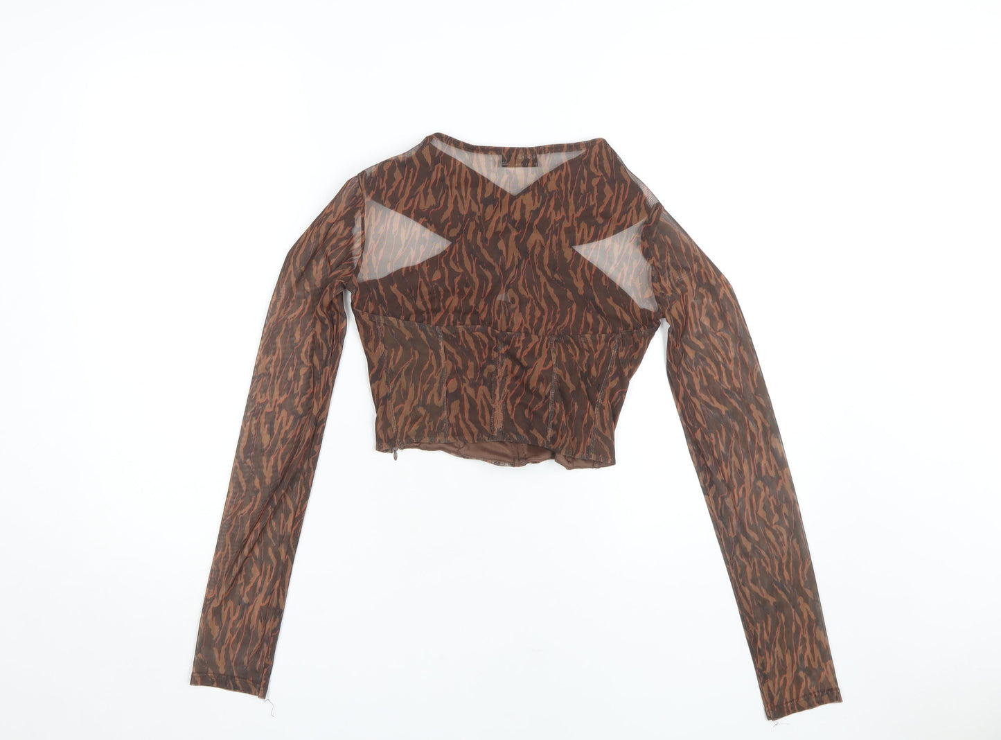 Bershka Women's Brown Cropped Mesh Animal Print Top - Size 8