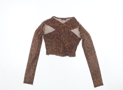 Bershka Women's Brown Cropped Mesh Animal Print Top - Size 8