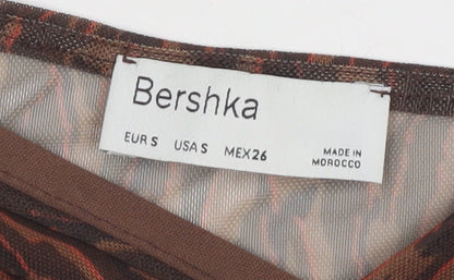 Bershka Women's Brown Cropped Mesh Animal Print Top - Size 8