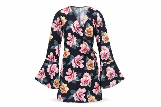 Front view of Missguided Women's Multicoloured Floral Wrap Dress, size 10