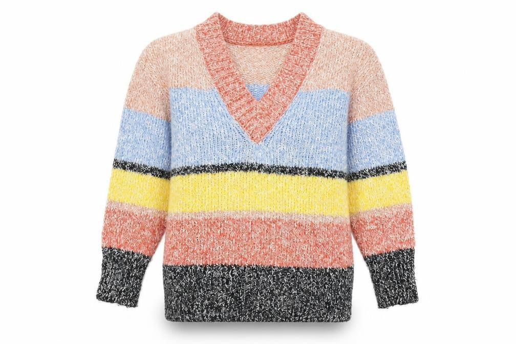 Marks and Spencer Women's Multicoloured V-Neck Striped Pullover - S
