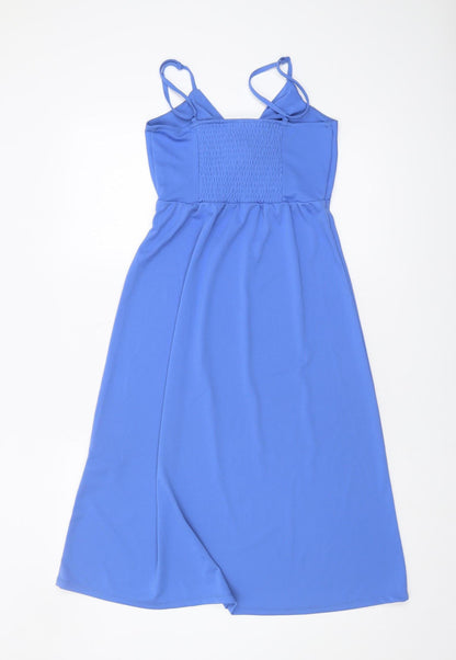 H&M Women's Blue Slip Dress XS, Midi, Smocked Back