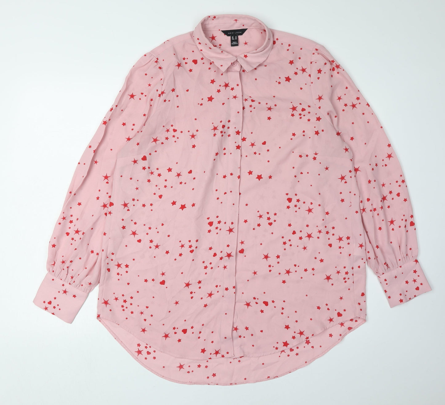 New Look Women's Pink Star Print Button-Up Blouse, Size 14