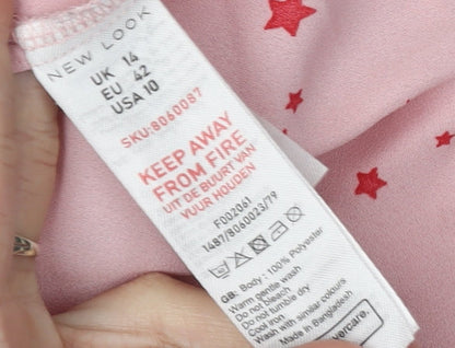 New Look Women's Pink Star Print Button-Up Blouse, Size 14