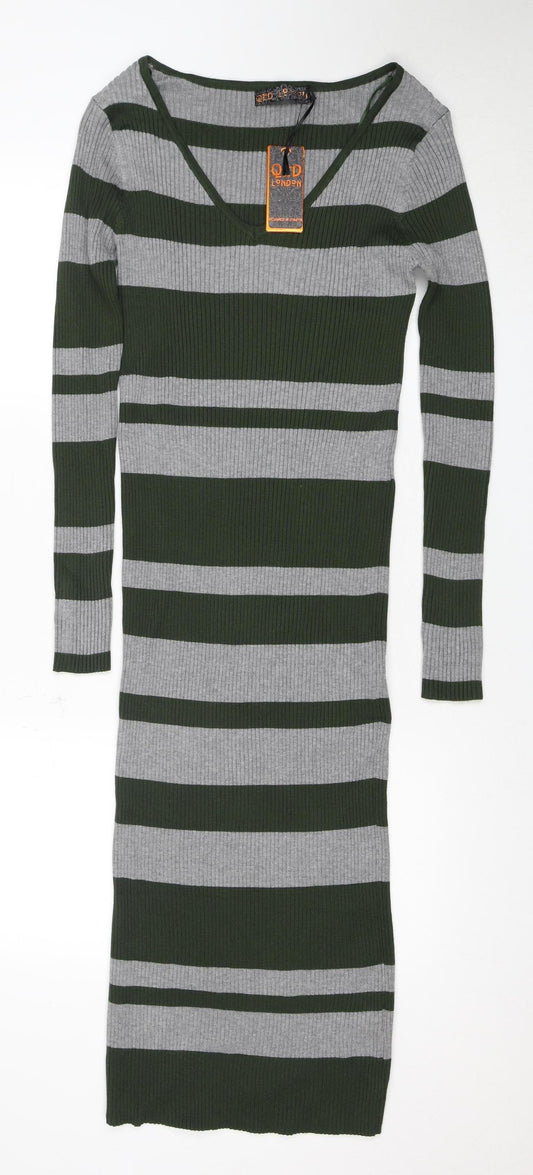 QED London Women's Striped Knit Dress, M, Green & Grey