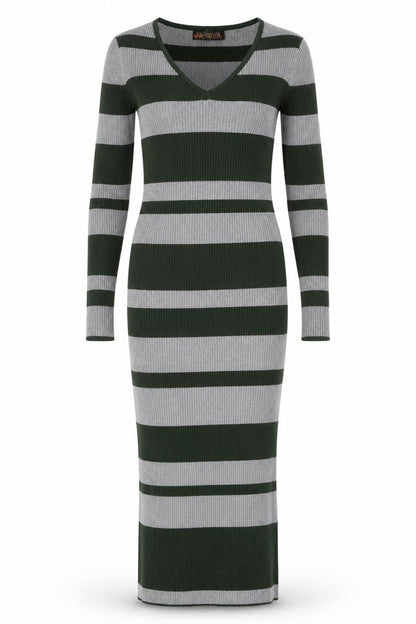 QED London Women's Striped Knit Dress, M, Green & Grey