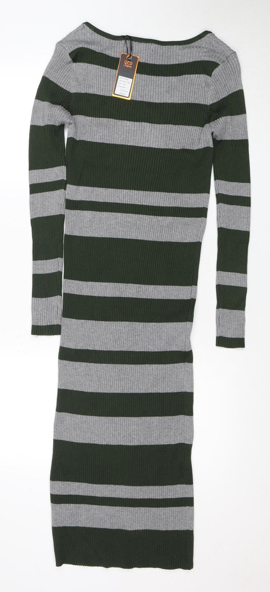 QED London Women's Striped Knit Dress, M, Green & Grey
