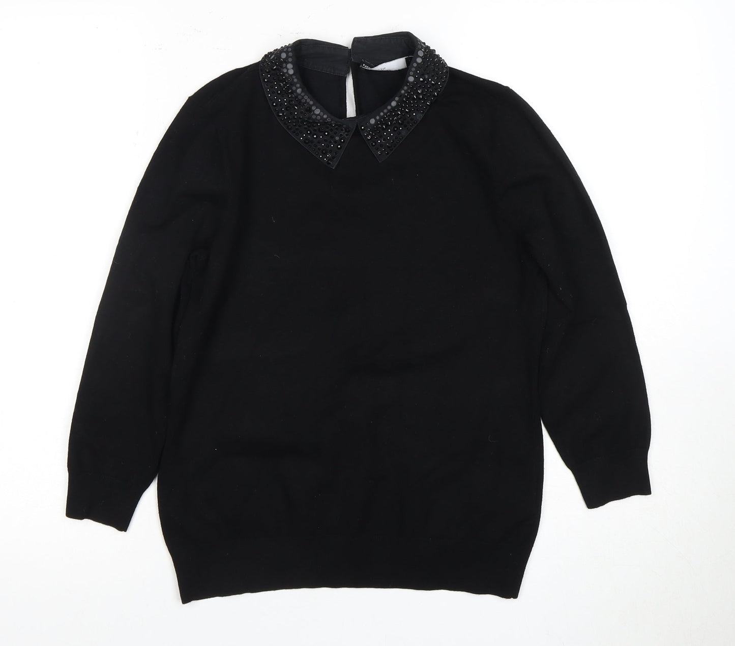 Karen Millen Women's Black Beaded Collar Top M