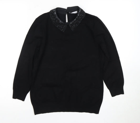 Karen Millen Women's Black Beaded Collar Top M