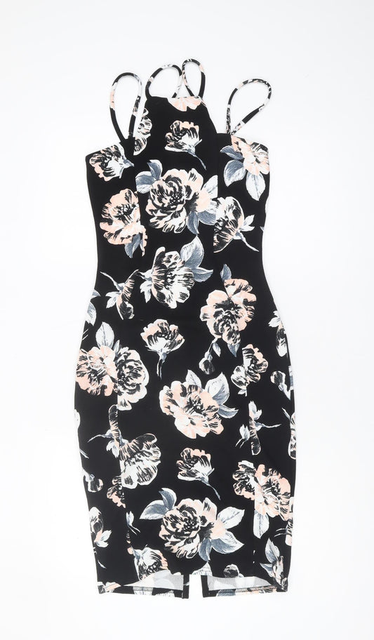 Quiz Women's Black Floral Bodycon Dress Size 8