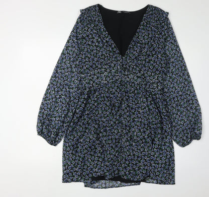 Zara Women's Multicoloured Floral Puff Sleeve Dress L